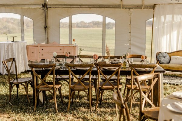 image of farmhouse table rental at wedding in Maryland