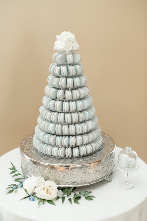 image of silver cake stand rental with macarons