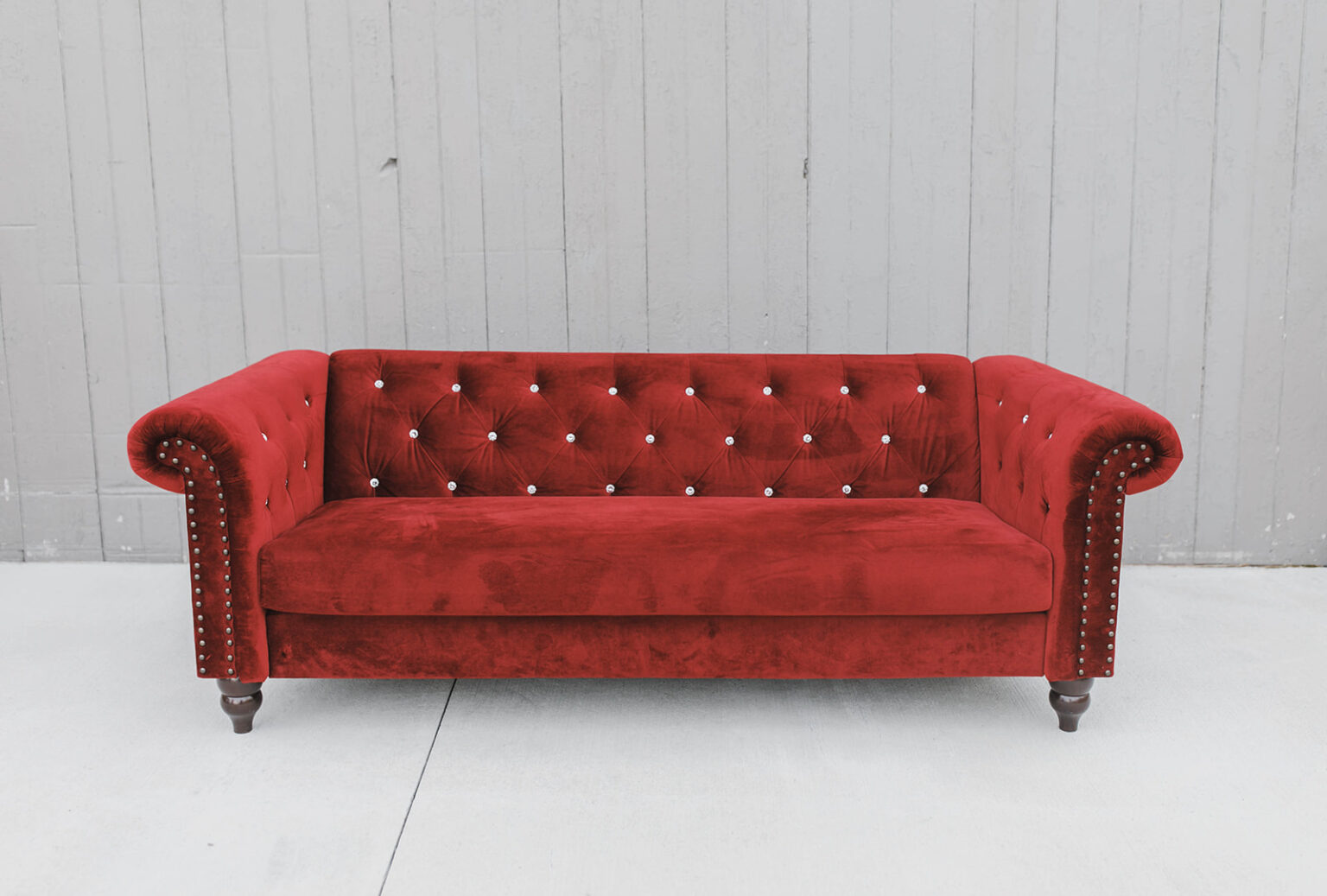 Aubrey Red Tufted Velvet Sofa Rental A to Z Event Rentals, LLC.