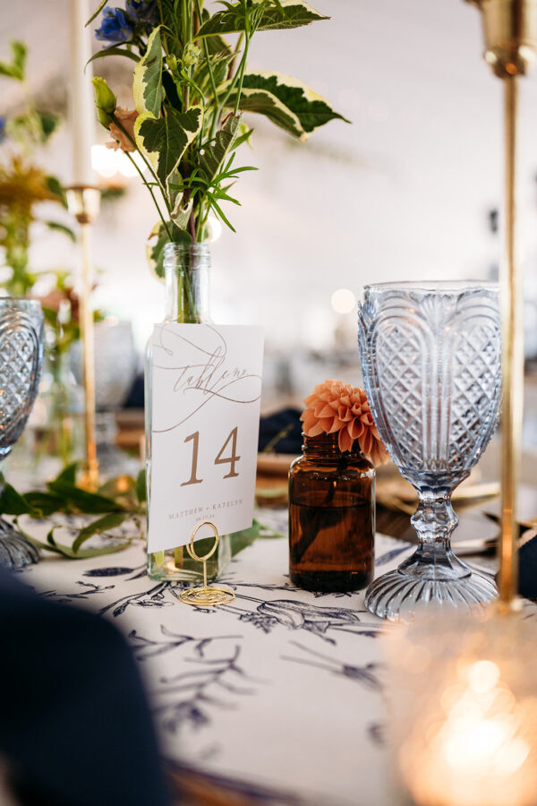 image of dusty blue goblet rental on reception table