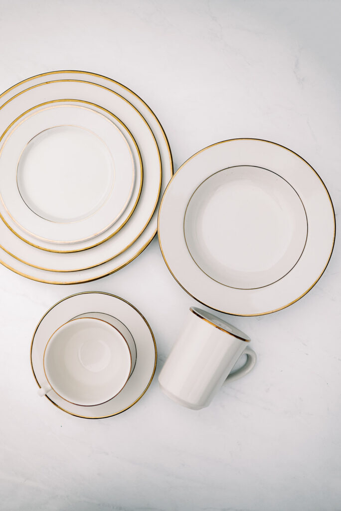 Gold Rim Dinnerware Rental Collection A to Z Event Rentals, LLC.
