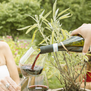 image of everly elevated wine glass rental with red with red wine being poured into it