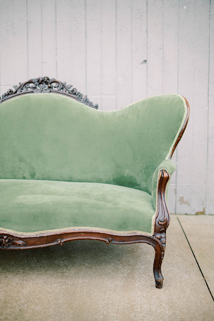 Maura Green Vintage Sofa Rental A to Z Event Rentals, LLC.