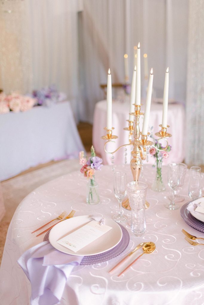 image of pink and purple dinnerware rental package