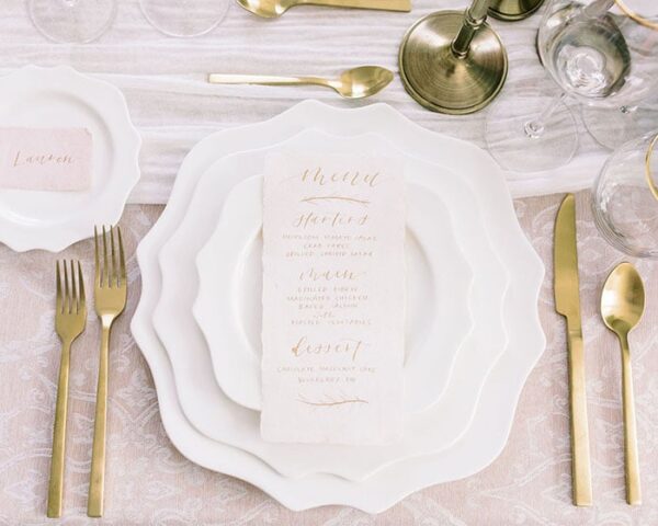 image of French scroll dinner plate rentals