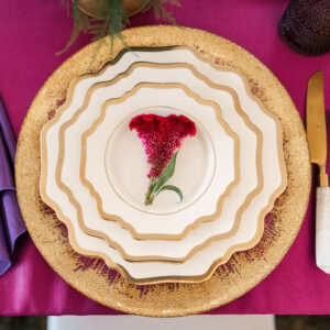 image of gold and white dinnerware rentals