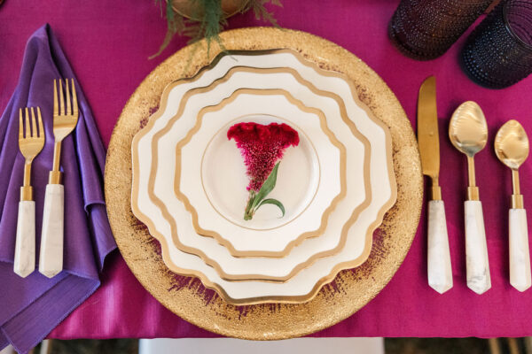 image of gold and white dinnerware rentals