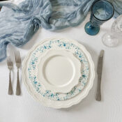 image of blue and white wedding place setting rentals