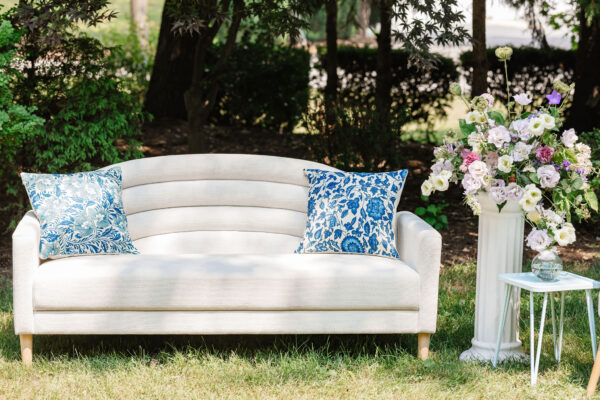 image of white wedding lounge rental set in field in PA