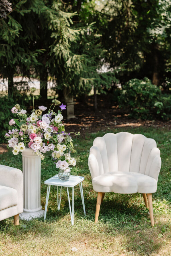 image of white wedding lounge rental set in field in PA