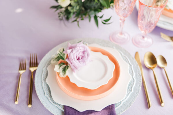 image of garden themed wedding dinnerware place setting rentals