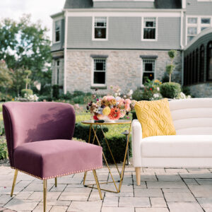 image of purple velvet barrel chair rental