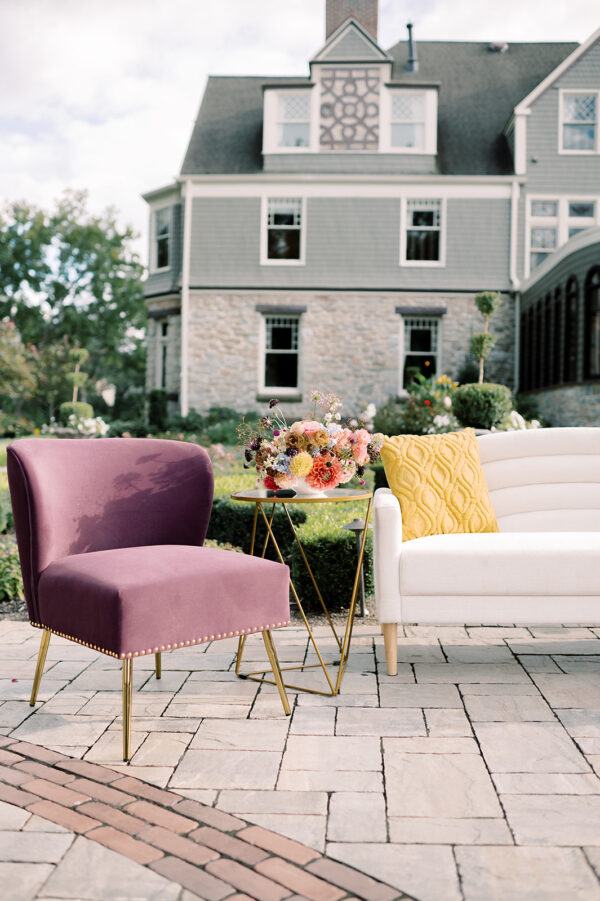 image of purple velvet barrel chair rental