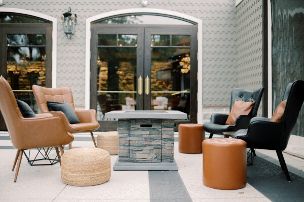 image of wedding black and tan lounge with fire pit