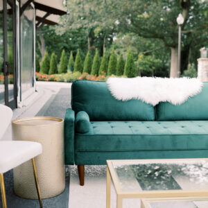 image of green, white and gold wedding lounge rental