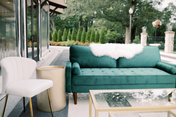 image of green, white and gold wedding lounge rental