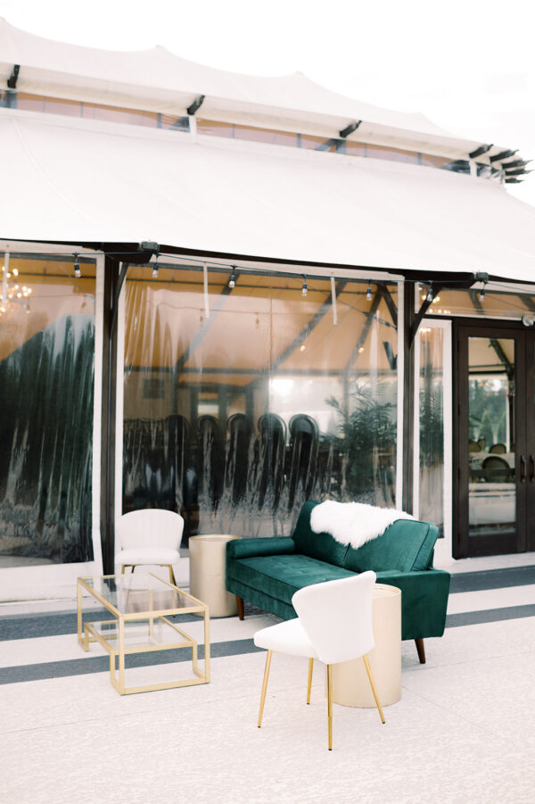 image of green white and gold wedding lounge rental