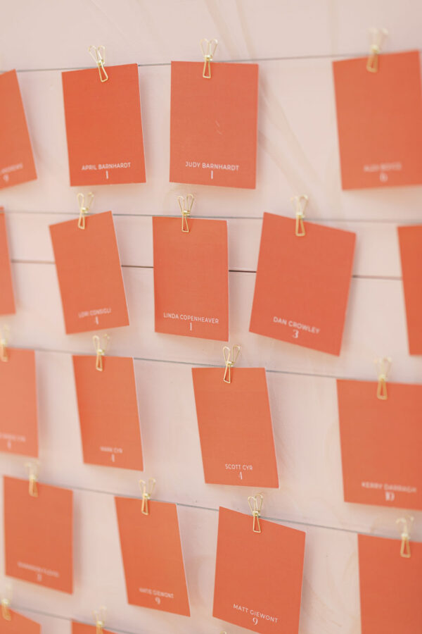 close up of escort cards on Anna Escort Card Wall Rental