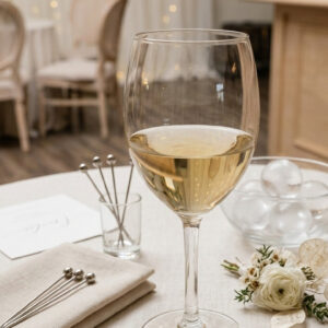 All purpose white wine glass on a wedding table setting during cocktail hour
