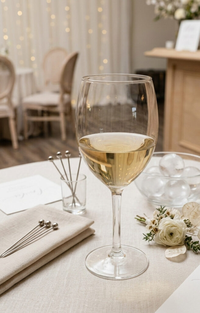 All purpose white wine glass on a wedding table setting during cocktail hour