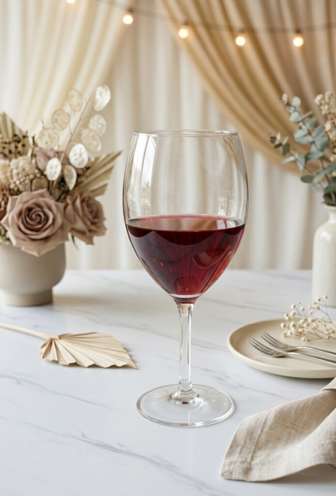 Red wine glass staged on a wedding guest table with floral arrangements and other tabletop items