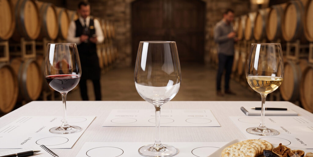 three clear wine tasting glasses