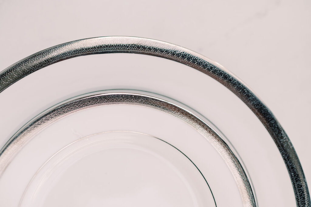 silver rim white porcelain dinner and salad plate