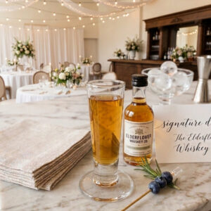 Footed whiskey shooter glass pictured during cocktail hour at a wedding