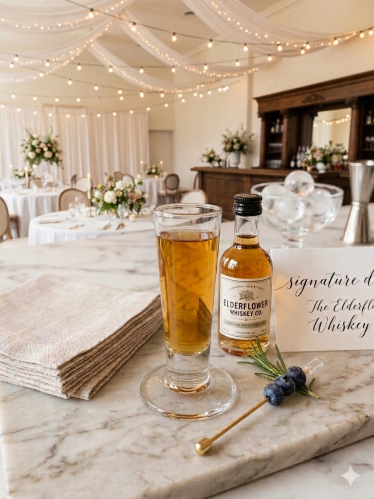 Footed whiskey shooter glass pictured during cocktail hour at a wedding