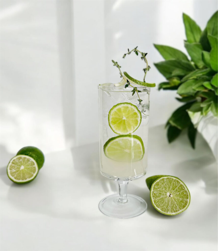 Klein water glass rental with water and lime