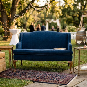 A navy blue loveseat with clean lines and plush cushions, styled in a modern setting with a simple, elegant look. (Note: image is AI-generated.)