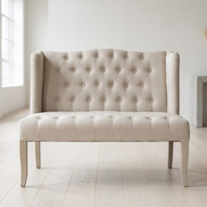 A white high-back loveseat, known as the Diana Settee, featuring an elegant silhouette with a tall backrest, smooth upholstery, and refined detailing for a classic, sophisticated look. (Note: image is AI-generated.)