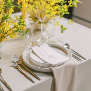 image of clean white dinnerware setting at a wedding