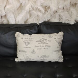 Small, ivory throw pillow with French words.