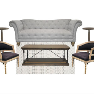 image of grey sofa and dark brown chairs in a neutral lounge arrangement