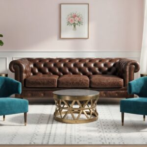 Lounge setting with brown leather Harrison couch, two turquoise Jamie accent chairs, two modern gold Tabitha side tables, a modern gold Georgie coffee table, and the ivory and black patterned Gideon Rug