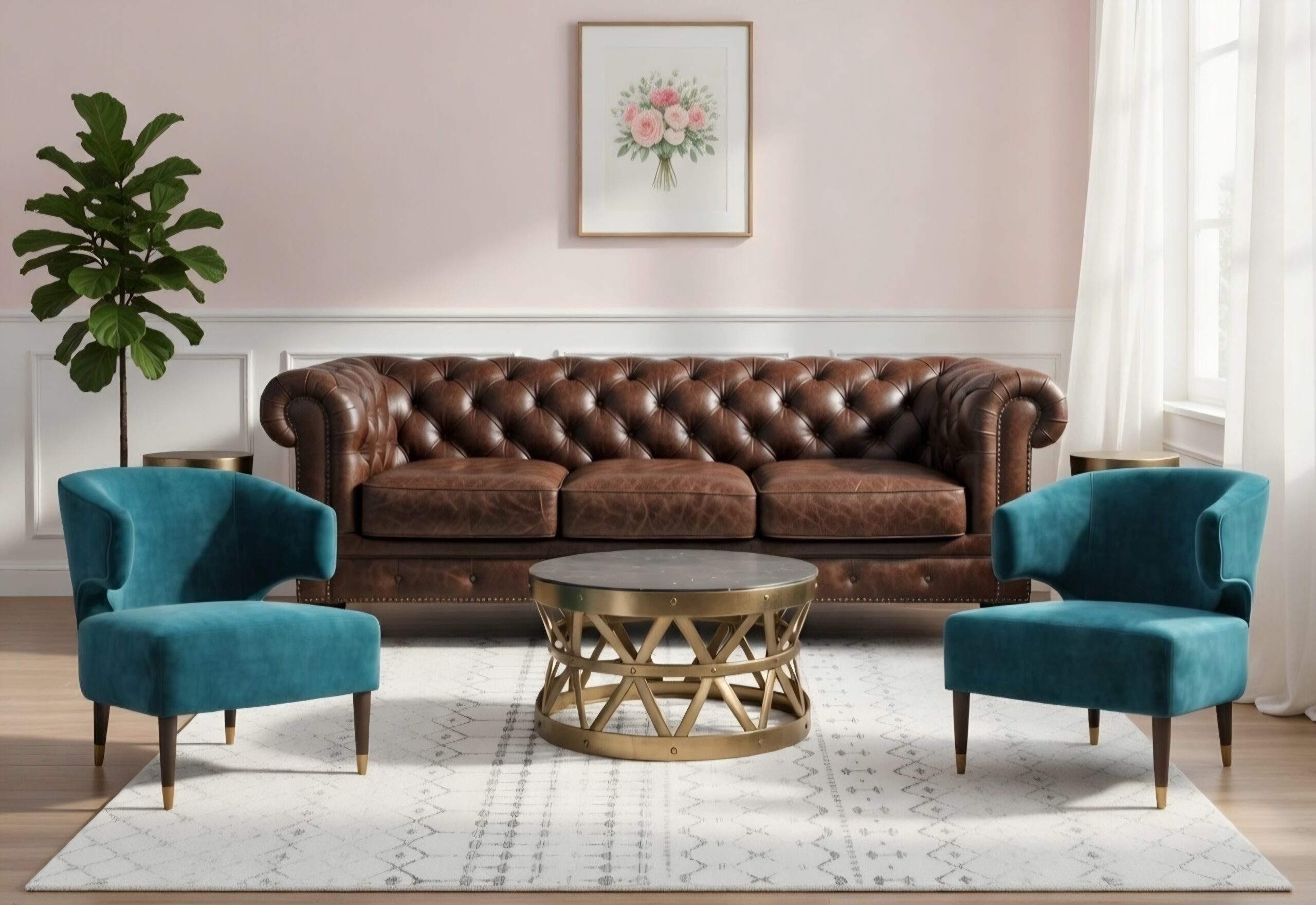 Lounge setting with brown leather Harrison couch, two turquoise Jamie accent chairs, two modern gold Tabitha side tables, a modern gold Georgie coffee table, and the ivory and black patterned Gideon Rug
