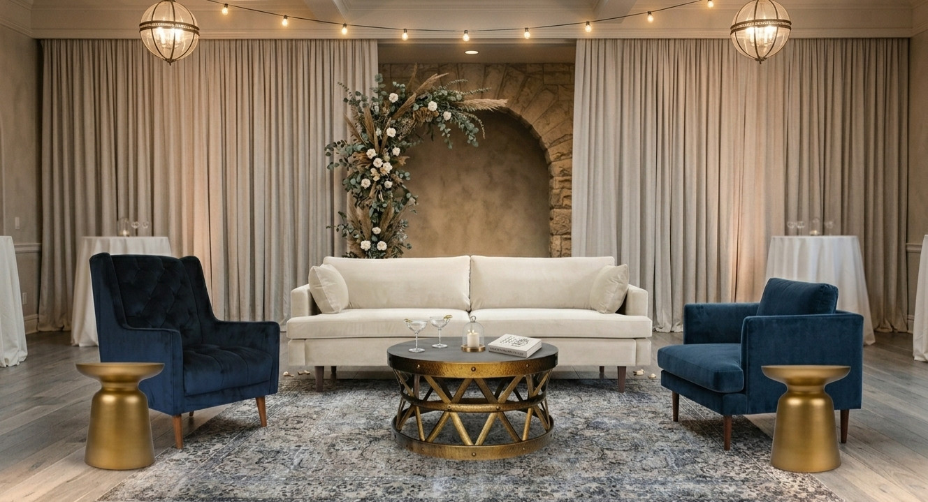 This lounge package includes: Crane Sofa Newman Chair Brooklyn Chair Georgie Coffee Table 2x Tabitha Gold Side Tables Bluebell Rug