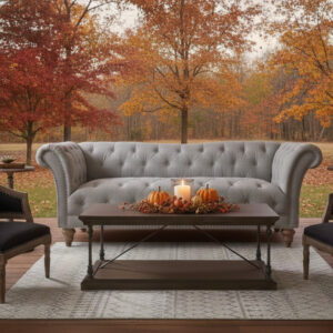 Lounge setting containing modern light gray Eloise sofa, two chocolate brown Yates accent chairs, wooden Jefferson coffee table, two modern Lincoln side tables, Ivory and black patterned Gideon accent rug.