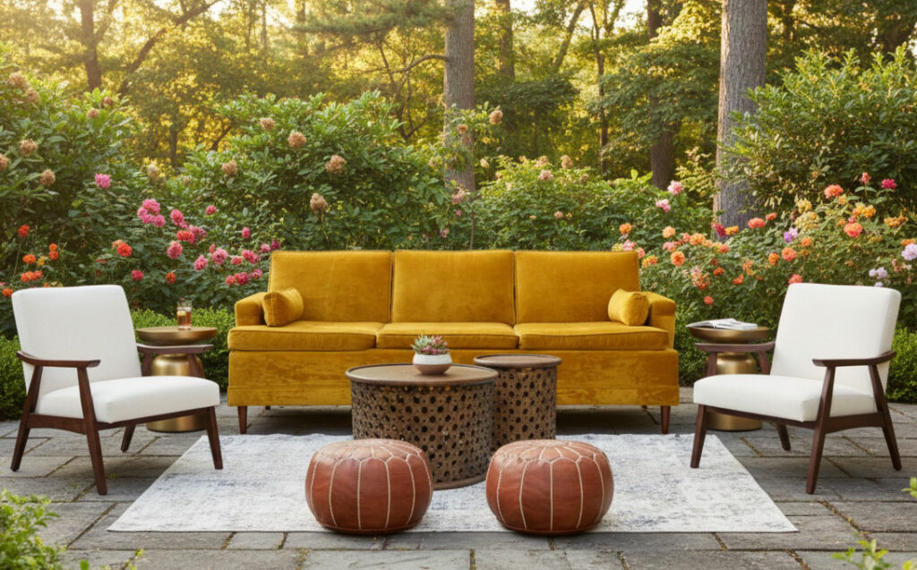 Lounge setting containing velvet yellow Yvette sofa, two white Frankie accent chairs, two modern gold Tabitha side tables, wooden Willa coffee table and end table, two faux leather Sienna poufs, and Gulliver accent rug.