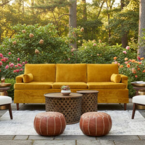 Lounge setting containing velvet yellow Yvette sofa, two white Frankie accent chairs, two modern gold Tabitha side tables, wooden Willa coffee table and end table, two faux leather Sienna poufs, and Gulliver accent rug.