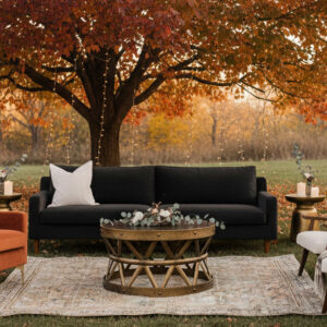 The Solstice Lounge is a stylish moody lounge set with ample seating for larger events. This lounge features: Brooks sofa Frankie chairs x2 Remi chairs Tabitha side tables x2 Georgie coffee table Neville Rug