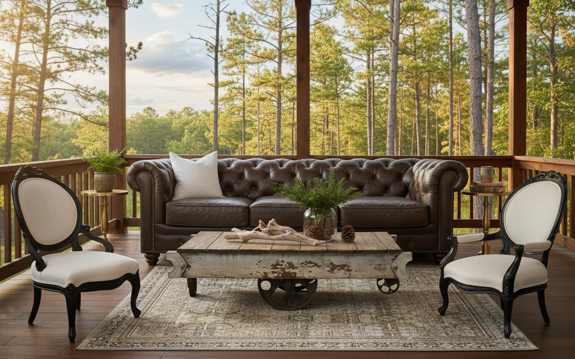 The Vineyard View lounge has timeless charm with rustic elements. This lounge features: Harrison sofa Wallace and Fleur chairs Railroad cart Tabitha side tables Neville rug