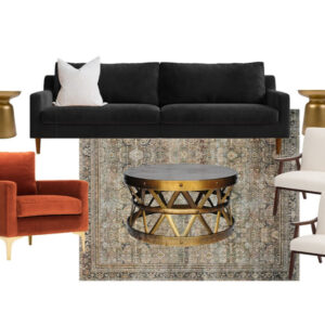 image of black sofa, orange and white chairs set in a lounge arrangement