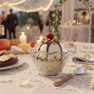 small plastic ice cream bowl with an ice cream sundae at a wedding