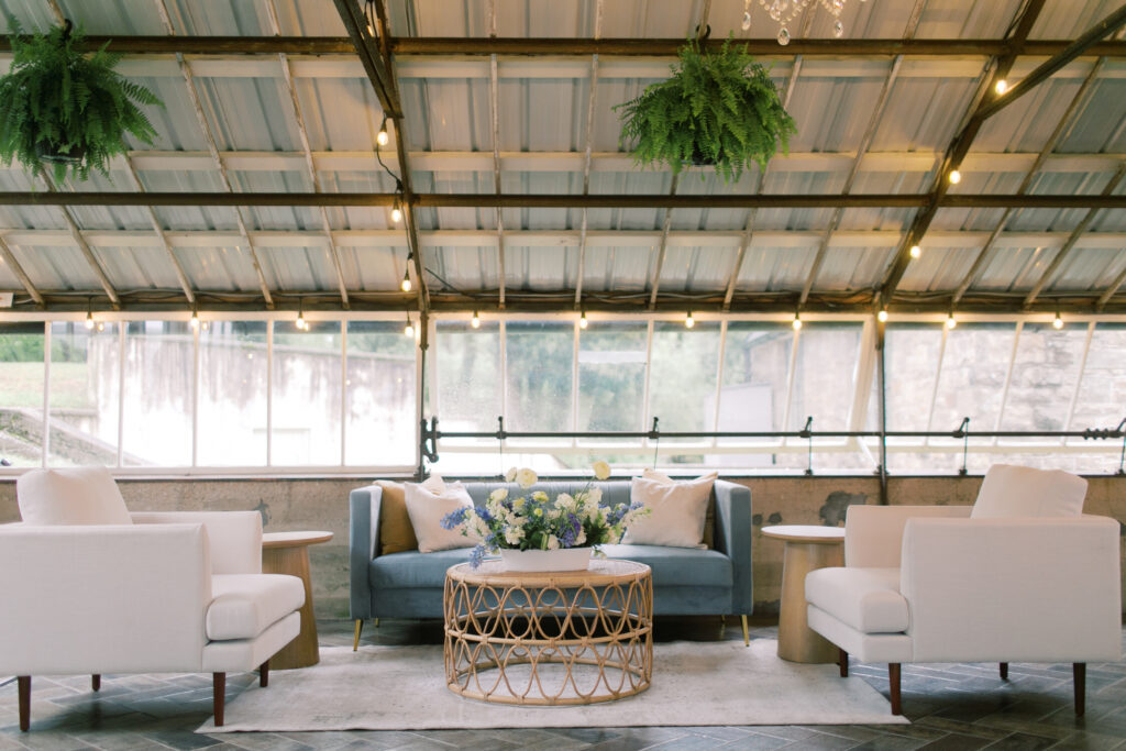 image of Cooper blue lovseat in a wedding lounge