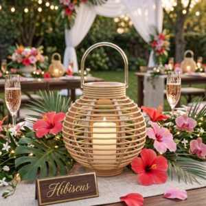 image of Hibiscus lantern staged on a farmhouse table