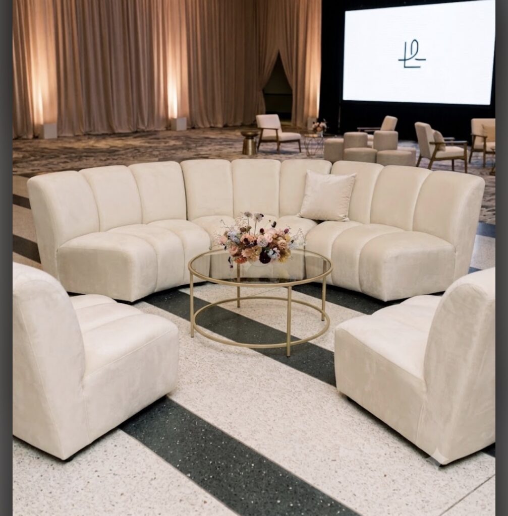 image of 5 sections of April curved sofa rental staged for a networking event