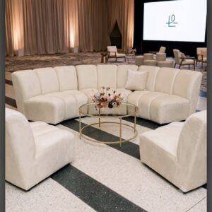 image of 5 sections of April curved sofa rental staged for a networking event