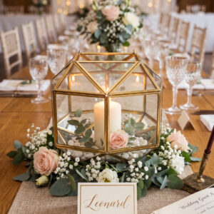 image of leonard geometric lantern rental staged on a wedding table